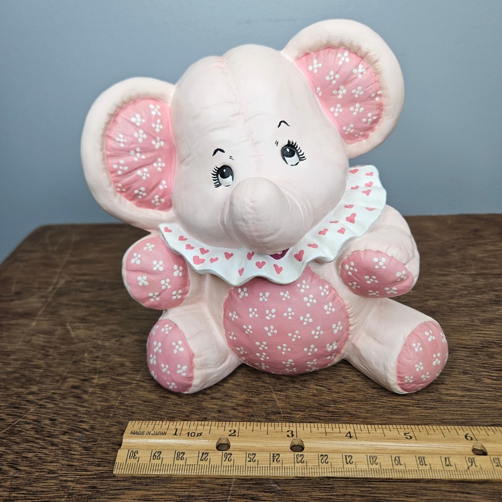 Pink Elephant Ceramic Coin Bank Heart Ruffle Collar Kitsch Nursery Decor Vtg